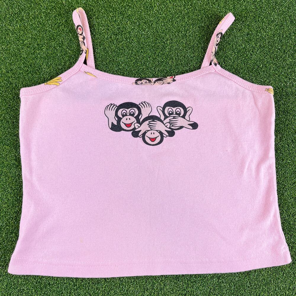 Vintage 90s Y2K Entrancy Monkey Graphic See No Evil Pink Baby Tank Sz L
